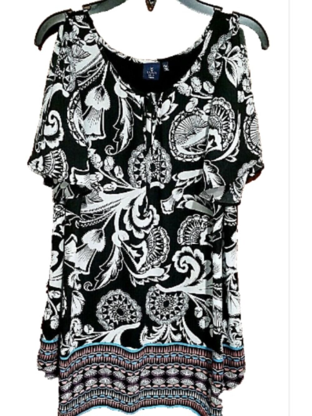Kaari Blue~ Black White Border Print Tunic Top Knit Back Open Short Sleeve, OX